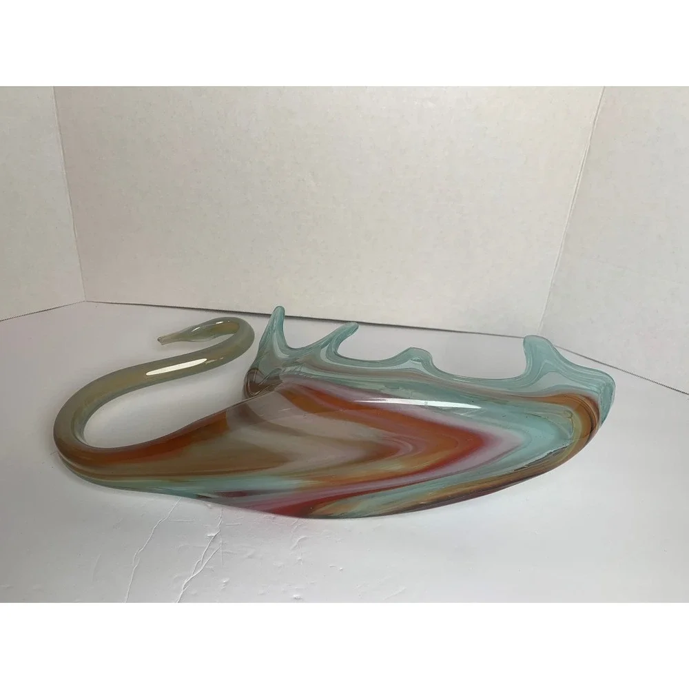 Vintage Hand Blown Art Glass‎ Swan Bowl Multi Color Slag Glass Centerpiece 13